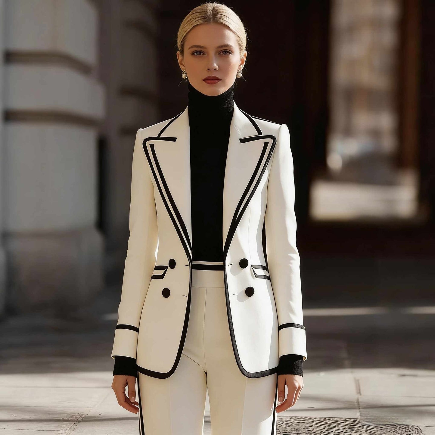 Damen-Set: Langärmliger, Zweireihiger Blazer Und Lange Hose – Farbblock-Design