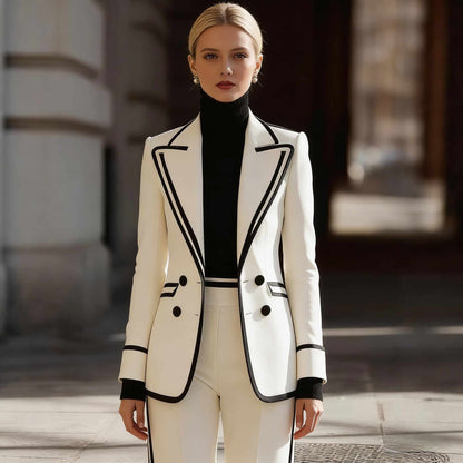 Damen-Set: Langärmliger, Zweireihiger Blazer Und Lange Hose – Farbblock-Design