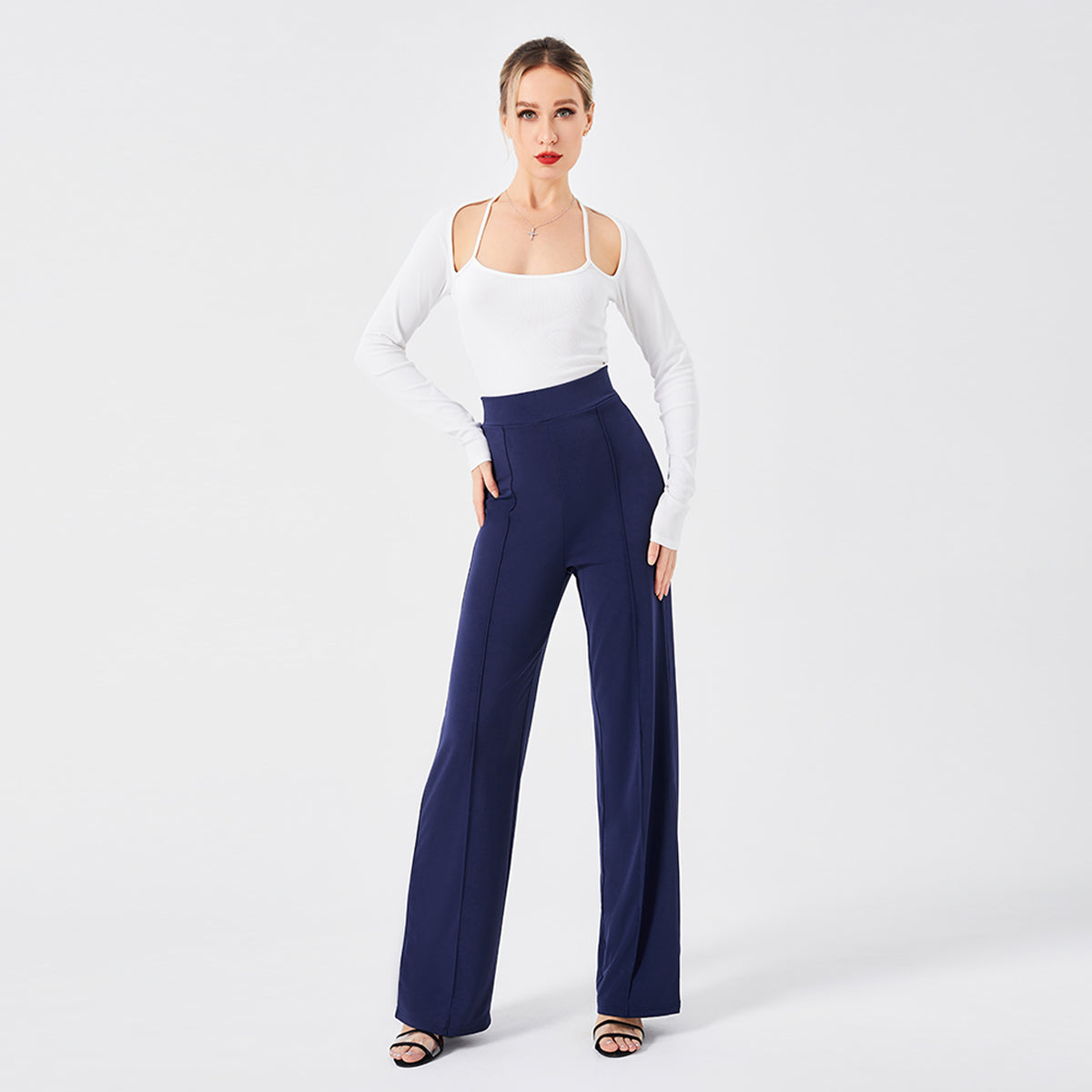 Damen Hochtaillen-Slim-Schlaghose in Unifarbe