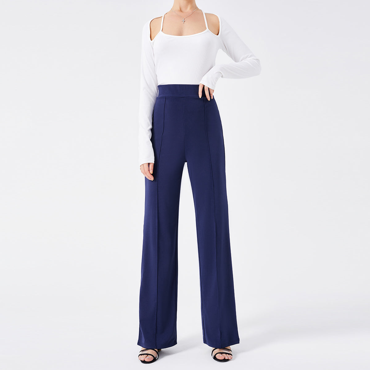 Damen Hochtaillen-Slim-Schlaghose in Unifarbe