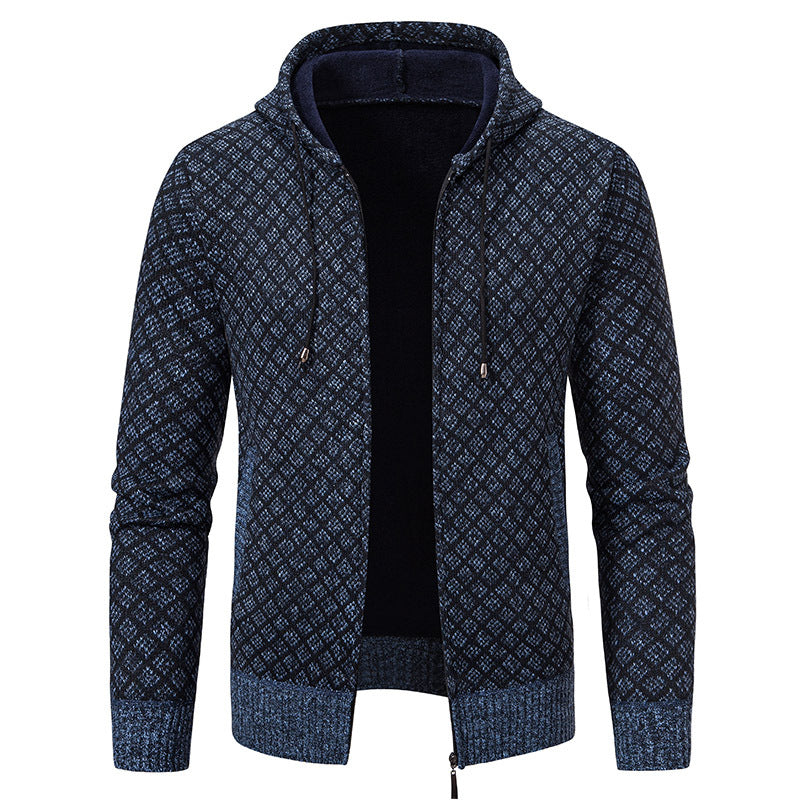Dunkelblauer Herren-Strickpullover mit Kapuze, geometrischem Muster und Reißverschluss. Modischer Hoodie für Herbst und Winter.