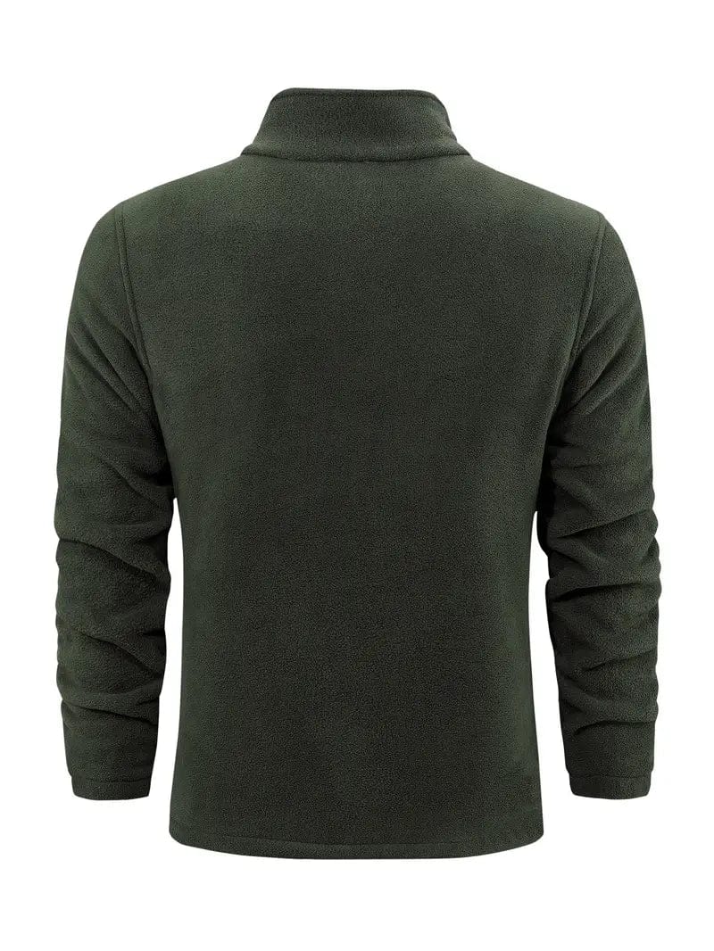 Dunkelgrüne Fleecejacke für Herren, langärmelig, mit Stehkragen. Ideal für Outdoor-Aktivitäten und kühle Temperaturen. Bequem und warm.