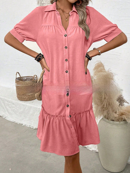 Damen Minikleid mit Puffärmeln – Rüschen Saum Knopfleiste