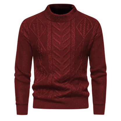 Roter Strickpullover mit Zopfmuster, Rundhalsausschnitt und langen Ärmeln. Modischer Herrenpullover, ideal für Herbst und Winter.