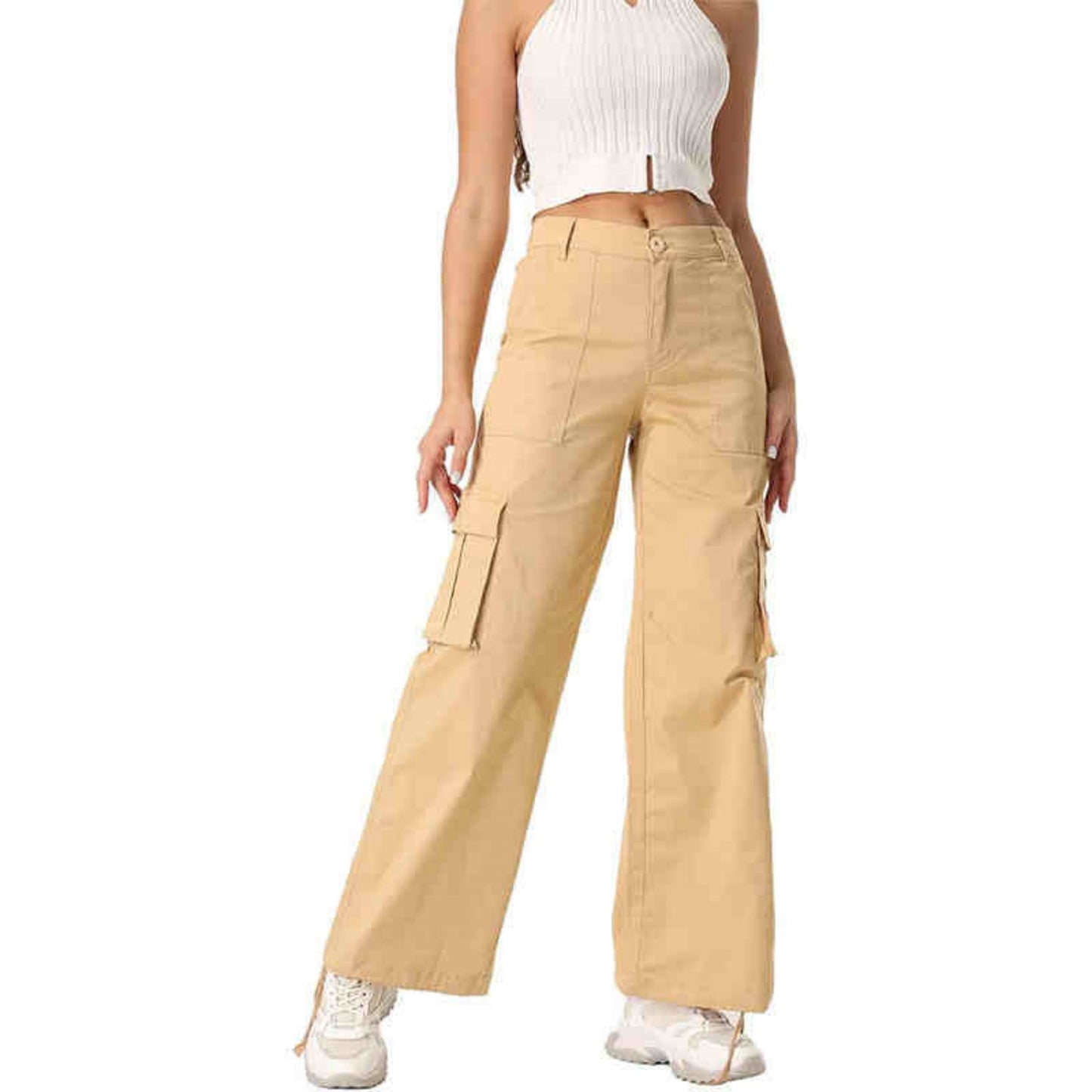 Damen-Hose mit hohem Bund, weitem Bein und Seitentaschen