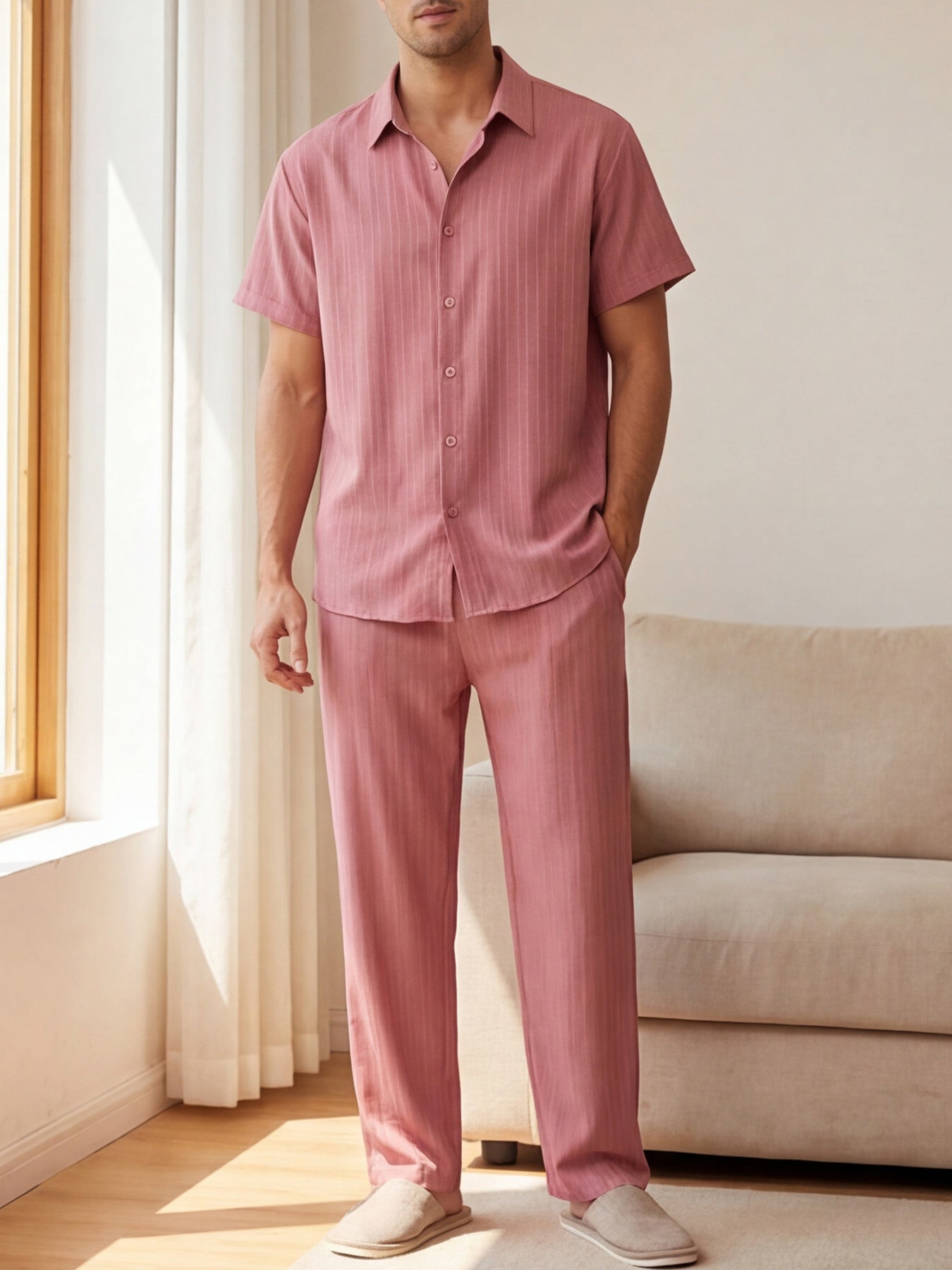 Herren Kurzarm-Loungewear-Set Mit Streifen, Bestehend Aus Langer Hose, Hemd Und Knopfleiste, Leichtes Zweiteiliges Outfit