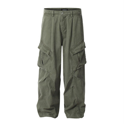 Men's Work Pants with Wide Legs, Multiple Pockets, Straight Fit, Mid-Rise Waist, and Belt