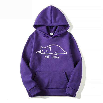 Women's hooded pullover with cat print and front lacing