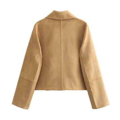 Damen Langarmjacke aus Kunstwildleder mit eckigem Kragen und Fronttaschen