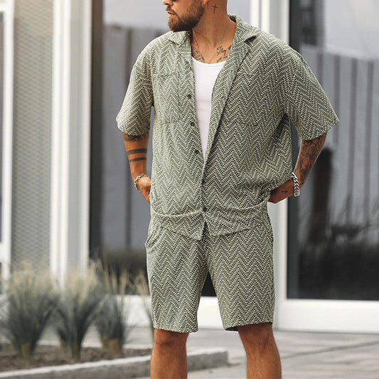 Herren Kurzarmhemd Und Shorts Zweiteiliges Set Grau Grün Polyesterfaser Leichtes Alltagsoutfit