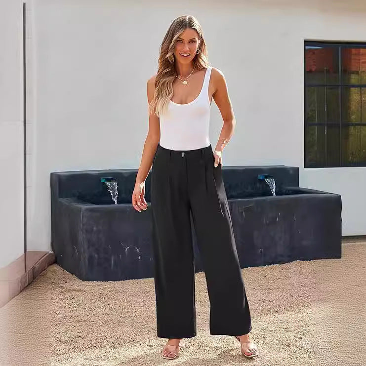 Women's business trousers with high waist, elastic waistband, and wide leg – Classic style