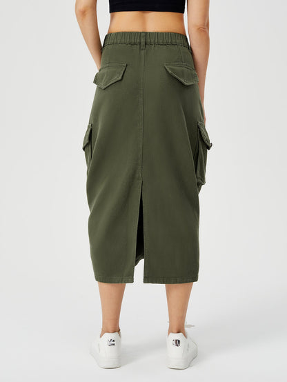 Damen Cargo-Midirock mit hohem Bund, Frontschlitz und mehreren Taschen