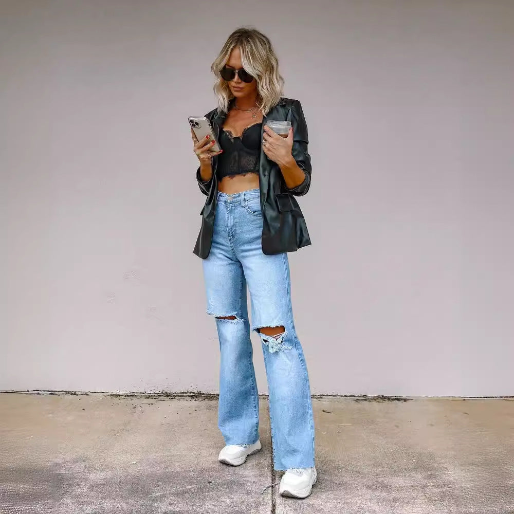 Damen High-Waist-Hose mit modischen Rissen