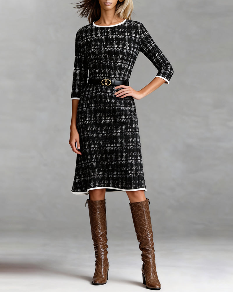 Women's Knee-Length Dress A-Line Round Neck Three-Quarter Sleeves Autumn