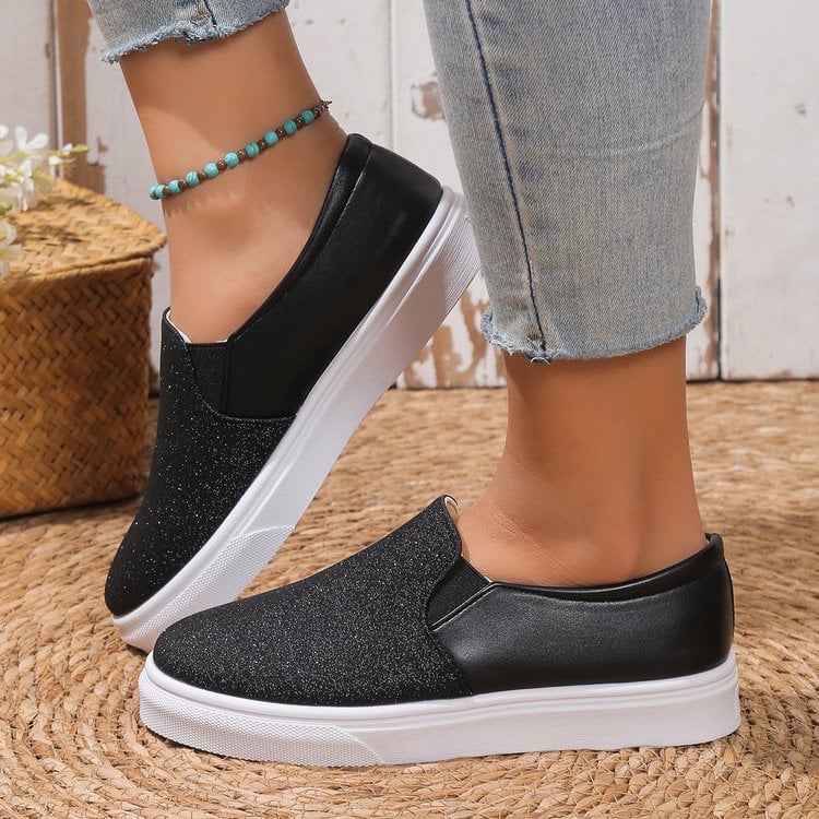 Women's slip-ons with round toe, sequins, elastic band, and flat rubber sole