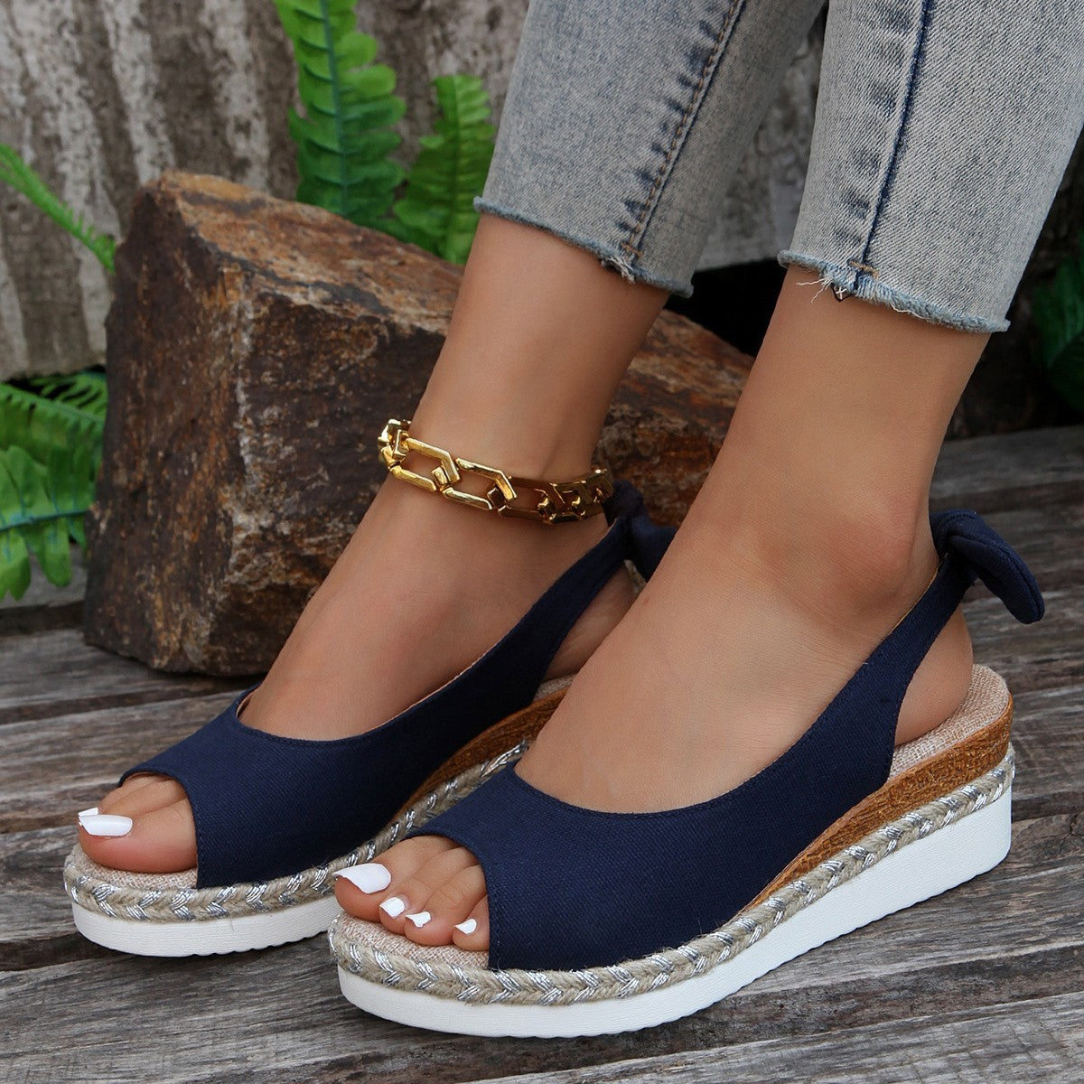 Women's Summer Wedge Sandals with Heel Strap, Round Toe, and Rope Detail