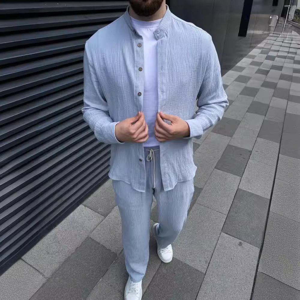 Herren Langarm-Zweiteiler-Set: Hemd Und Kurze Hose, Einfarbig, Mehrfarbig, Leichtes, Aufeinander Abgestimmtes Outfit