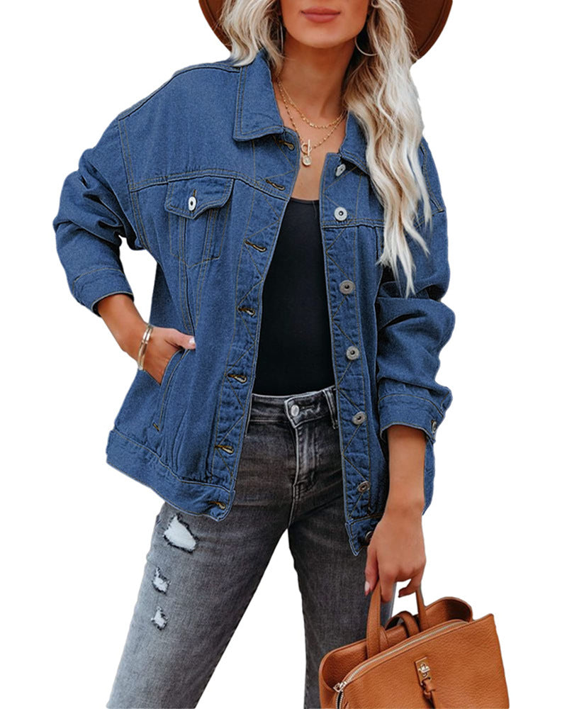 Damen Kurzjacke mit Schalkragen und Oversized-Passform – Denim-Mix Stil