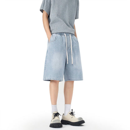 Men's denim shorts with stretch waistband, straight leg, and shortened fit