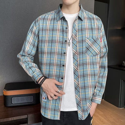 Long-sleeved checked men's shirt for spring with a slim fit