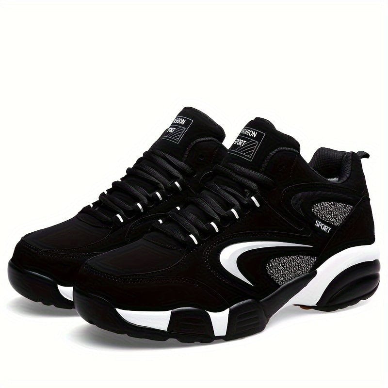 Schwarze Sportschuhe mit weißem Akzent, gepolsterter Sohle und Schnürsenkeln. Ideal für Laufen und Fitness. Bequeme, modische Turnschuhe.