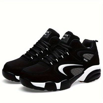 Schwarze Sportschuhe mit weißem Akzent, gepolsterter Sohle und Schnürsenkeln. Ideal für Laufen und Fitness. Bequeme, modische Turnschuhe.