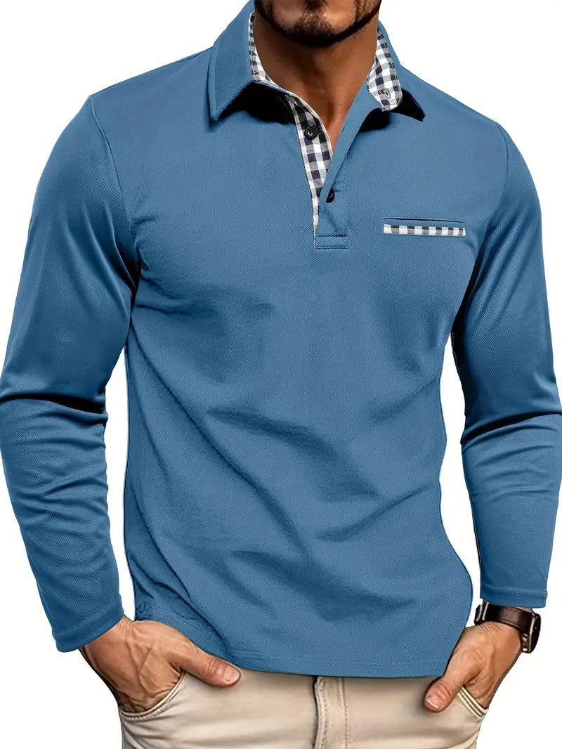 Herren Langarm Poloshirt Mit Kariertem Kragen Und Tasche