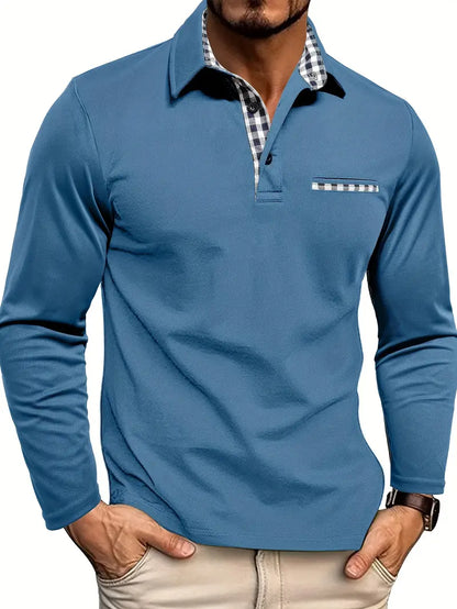 Herren Langarm Poloshirt Mit Kariertem Kragen Und Tasche