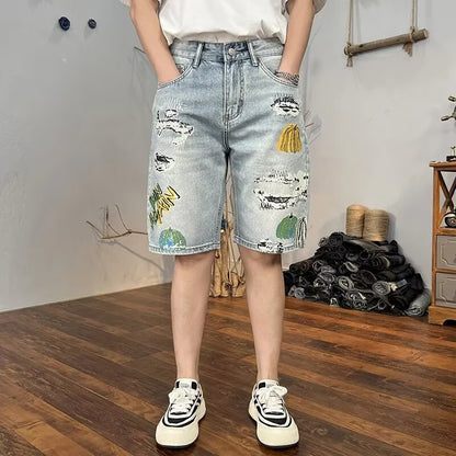 Herren Sommer Cropped Shorts, Helle Waschung, Used-Look, Risse, Lockere Passform