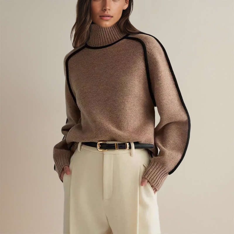 Frau in braunem Rollkragenpullover mit schwarzen Akzenten, beiger Hose und schwarzem Gürtel. Modetrend, Herbstmode, eleganter Look.