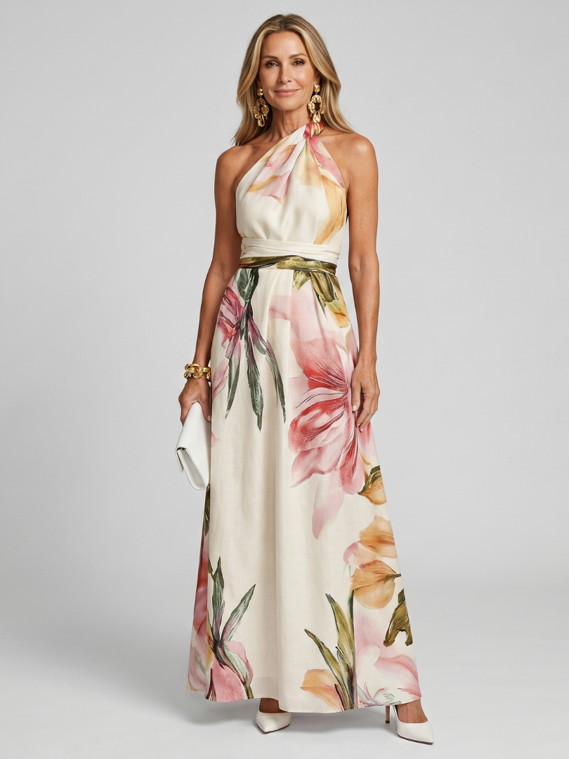 Damen-Maxikleid mit Blumenmuster und Neckholder