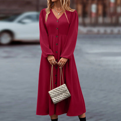 Damen Herbstkleid Mit Langen Ärmeln Und Knopfleiste