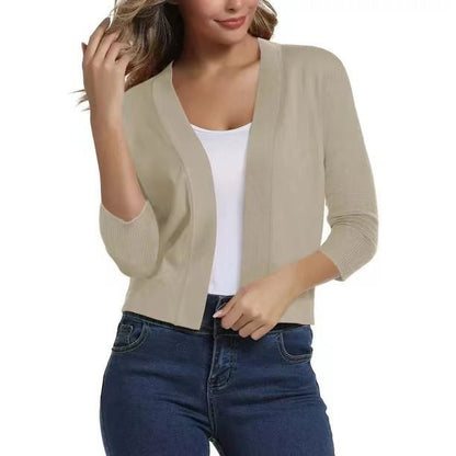 Damen Kurze Offene Strickjacke Mit Dreiviertelärmeln