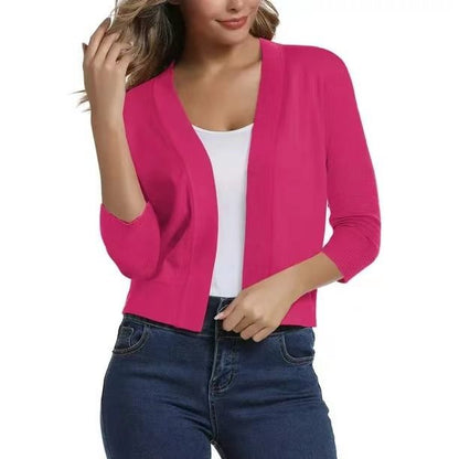 Damen Kurze Offene Strickjacke Mit Dreiviertelärmeln