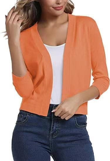 Damen Kurze Offene Strickjacke Mit Dreiviertelärmeln