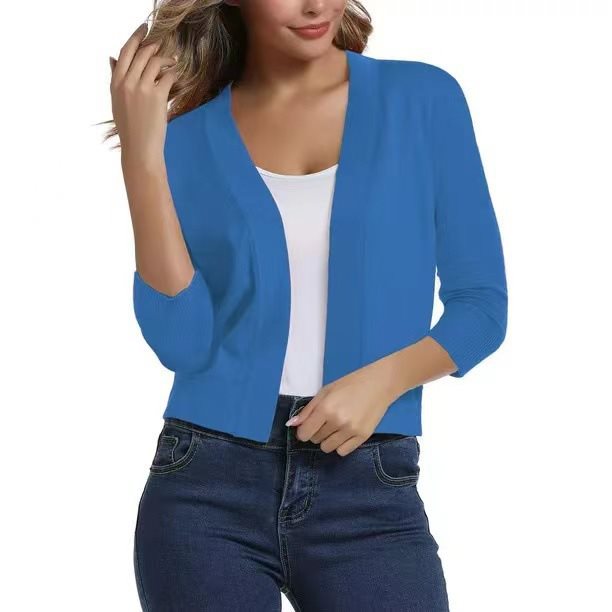 Damen Kurze Offene Strickjacke Mit Dreiviertelärmeln