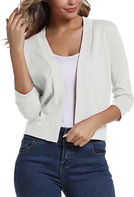 Damen Kurze Offene Strickjacke Mit Dreiviertelärmeln