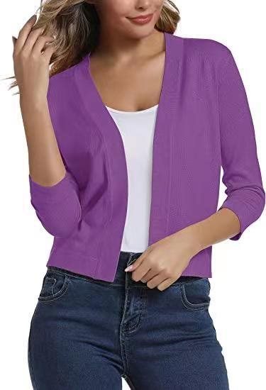 Damen Kurze Offene Strickjacke Mit Dreiviertelärmeln
