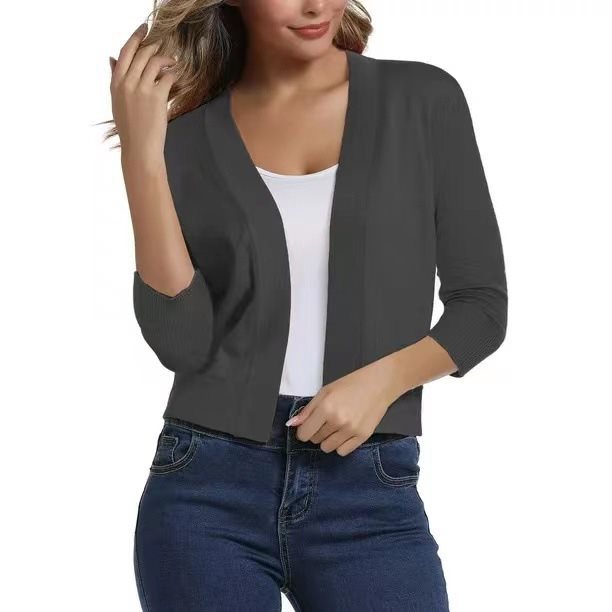 Damen Kurze Offene Strickjacke Mit Dreiviertelärmeln