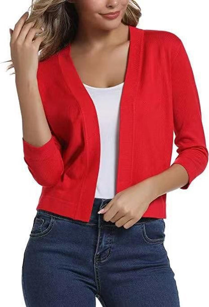 Damen Kurze Offene Strickjacke Mit Dreiviertelärmeln