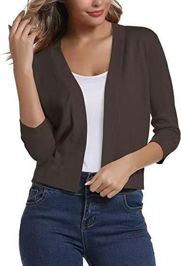 Damen Kurze Offene Strickjacke Mit Dreiviertelärmeln