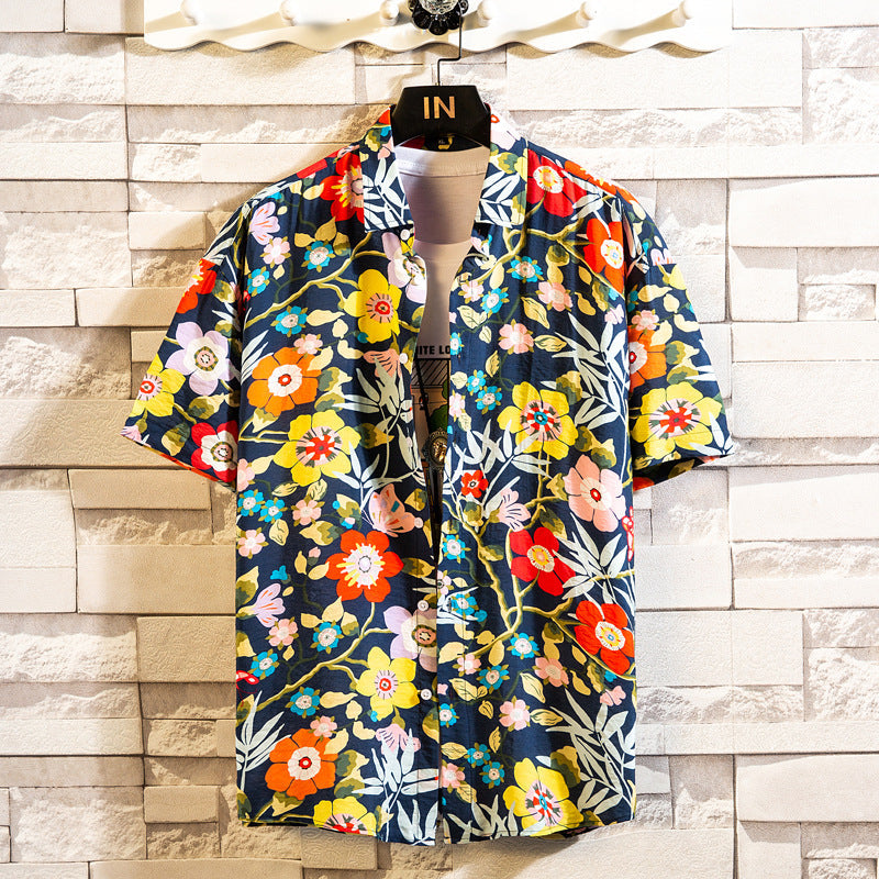 Herren Sommerhemd Mit Blumenmuster, Kurzarm, Reverskragen, Schmaler Passform, Cardigan-Stil, Mehrfarbig