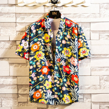 Herren Sommerhemd Mit Blumenmuster, Kurzarm, Reverskragen, Schmaler Passform, Cardigan-Stil, Mehrfarbig