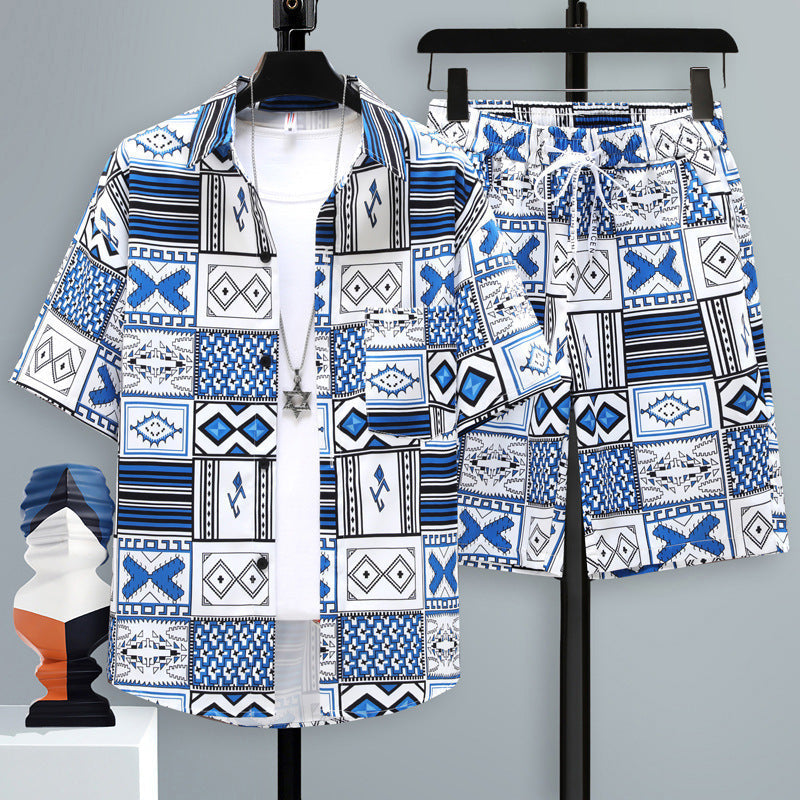 Men's Summer Sport Short-Sleeve Two-Piece Set Straight-Cut Shorts Matching Outfit