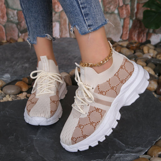 Women's Lace-Up Mesh Sneakers with Round Toe and Flat Rubber Sole