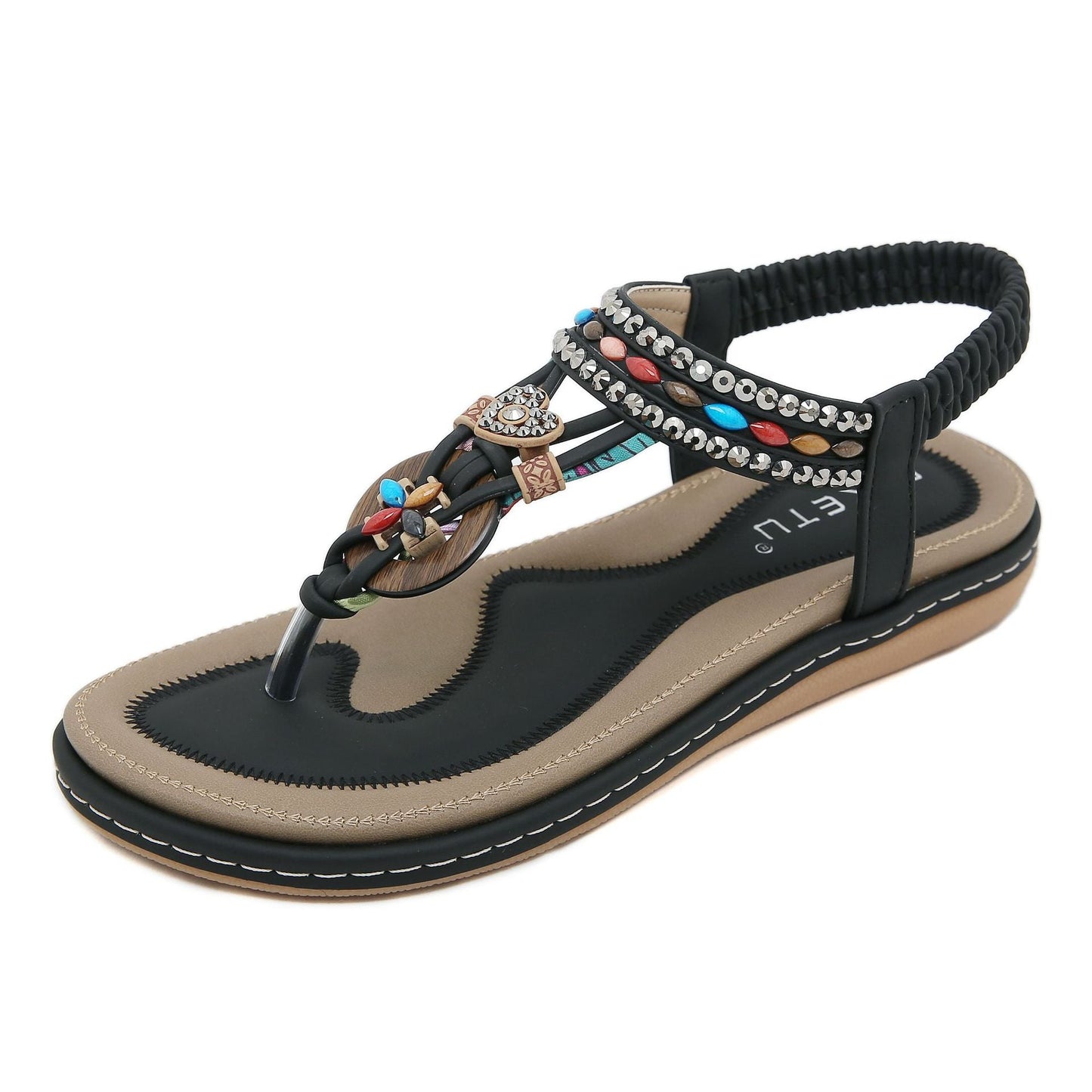 Damen-Sommer-Flip-Flops Mit Strasssteinen, Runder Zehenpartie Und Elastischem Band