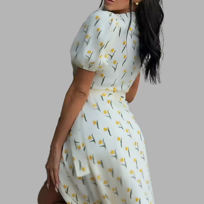 Sommerkleid Für Damen, Midi-Länge, Geblümt, V-Ausschnitt, Puffärmel, Hoher Bund