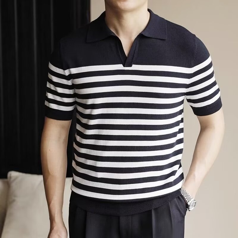 Herren-Streifenshirt Mit Halben Ärmeln, Lockerer Passform, Leicht