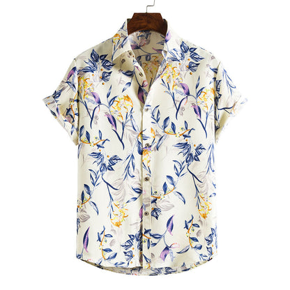 Herren Sommerhemd Mit Blumenmuster, Kurzarm, Reverskragen, Slim Fit, Urlaubs-Top