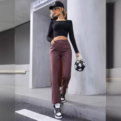 Damen-Jeans mit hohem Bund und geradem Bein, Braun – Denim-Mix Stil